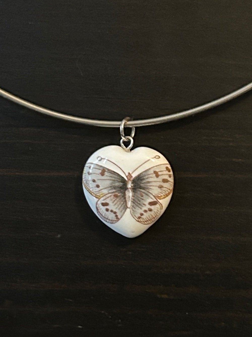 Heart Pendant Necklace with Butterfly Motif - Silver Tone Choker